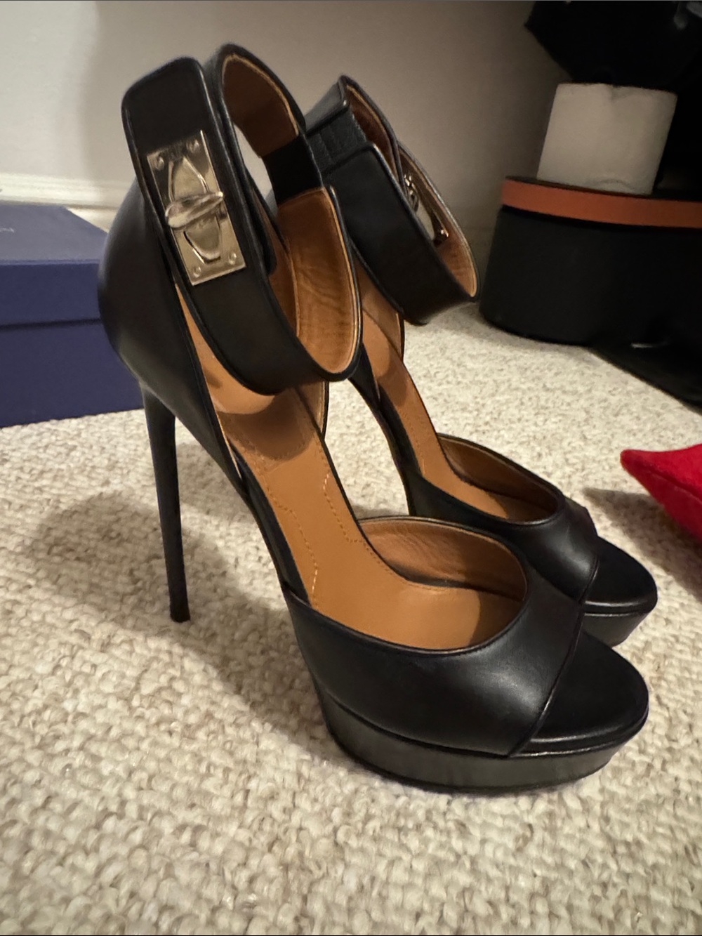 Givenchy Black Leather Platform Peep-Toe Heels with Ankle Strap women’s 8